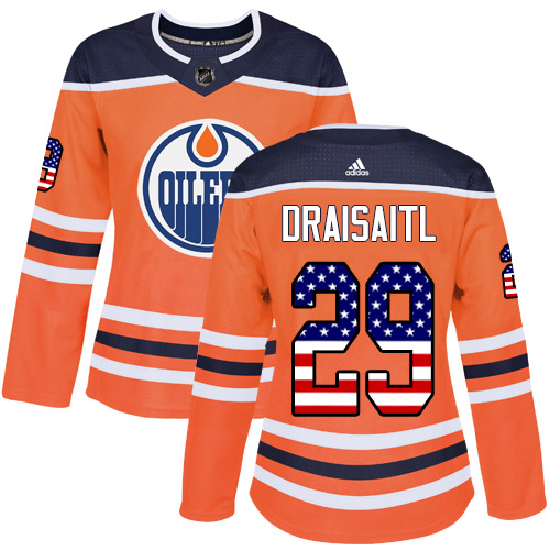 Adidas Oilers #29 Leon Draisaitl Orange Home Authentic USA Flag Women's Stitched NHL Jersey